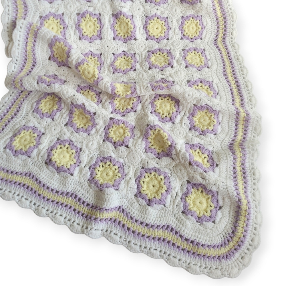 Floral Crochet Granny Square Throw White Purple and Yellow Handmade